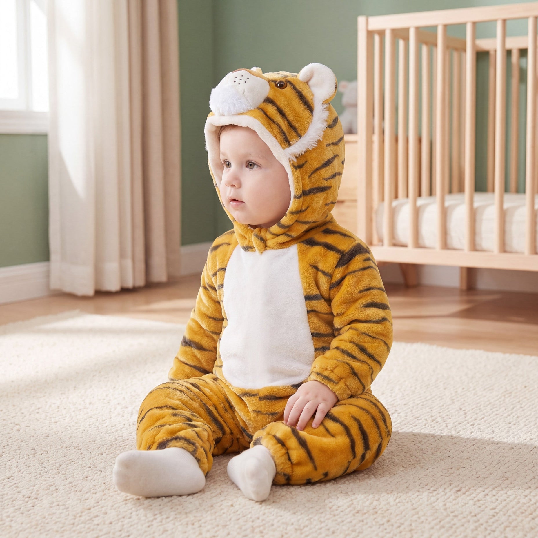 Tiger one-piece on child in a sage nursery, three-quarter view, attached tiger hood and pale lower-foot sections.