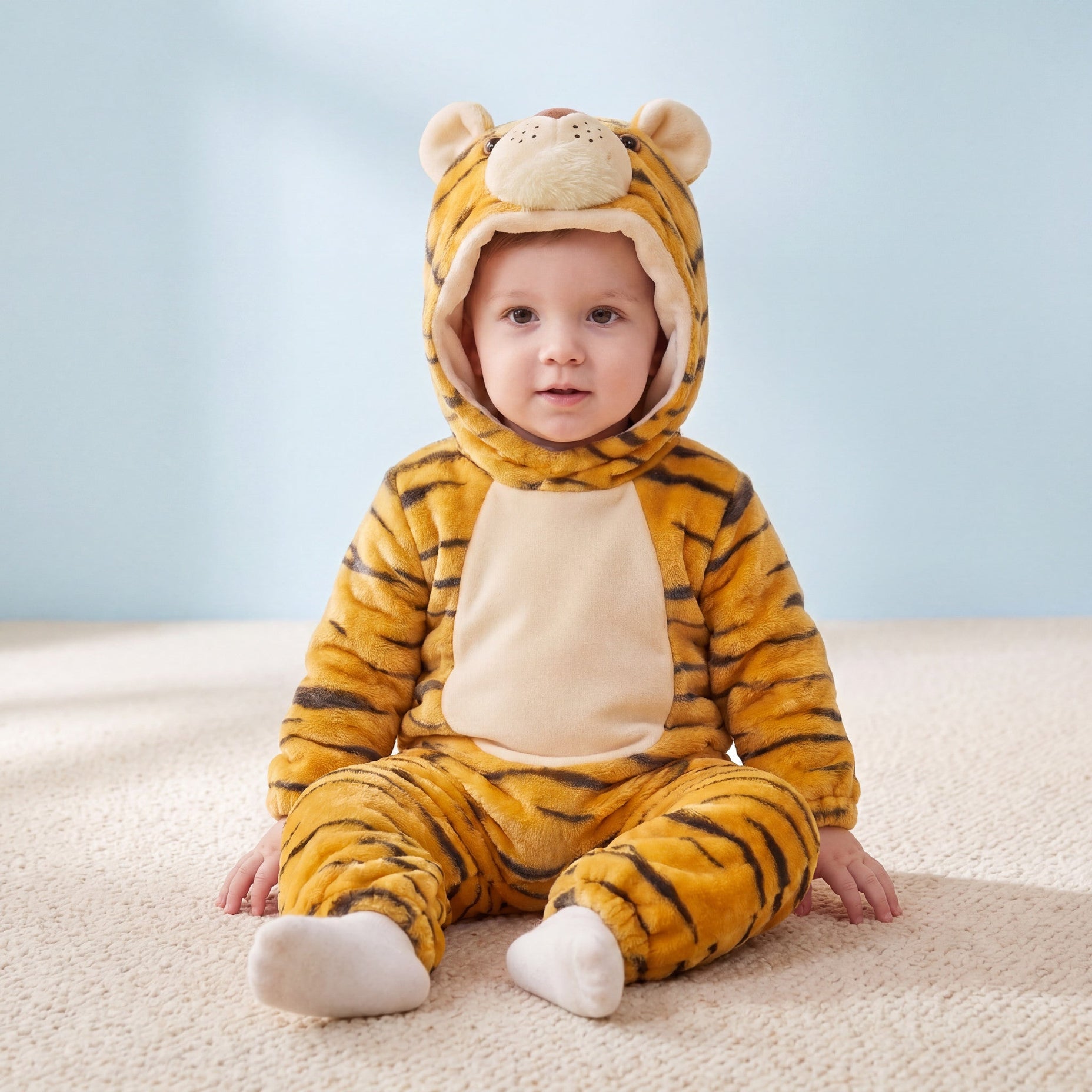 Tiger one-piece on child in a high-angle view against a pale-blue background, attached tiger hood and pale lower-foot sections.