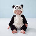 Select Panda one-piece on child in a high-angle view against a pale-blue background, attached panda hood and open ankle cuffs.