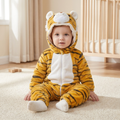 Select Tiger one-piece on seated child, attached tiger hood, orange body with dark stripes, pale front and pale lower-foot sections.