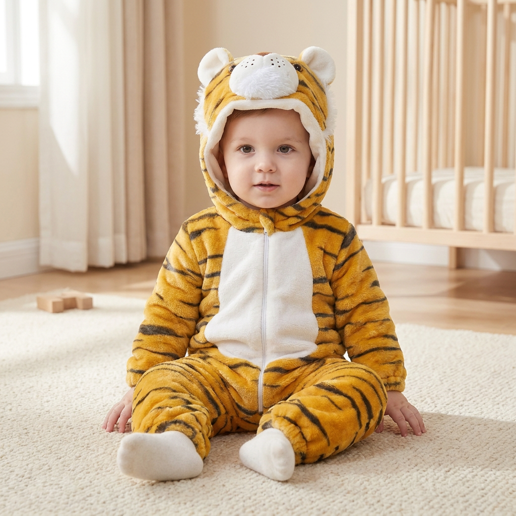 Tiger one-piece on seated child, attached tiger hood, orange body with dark stripes, pale front and pale lower-foot sections.