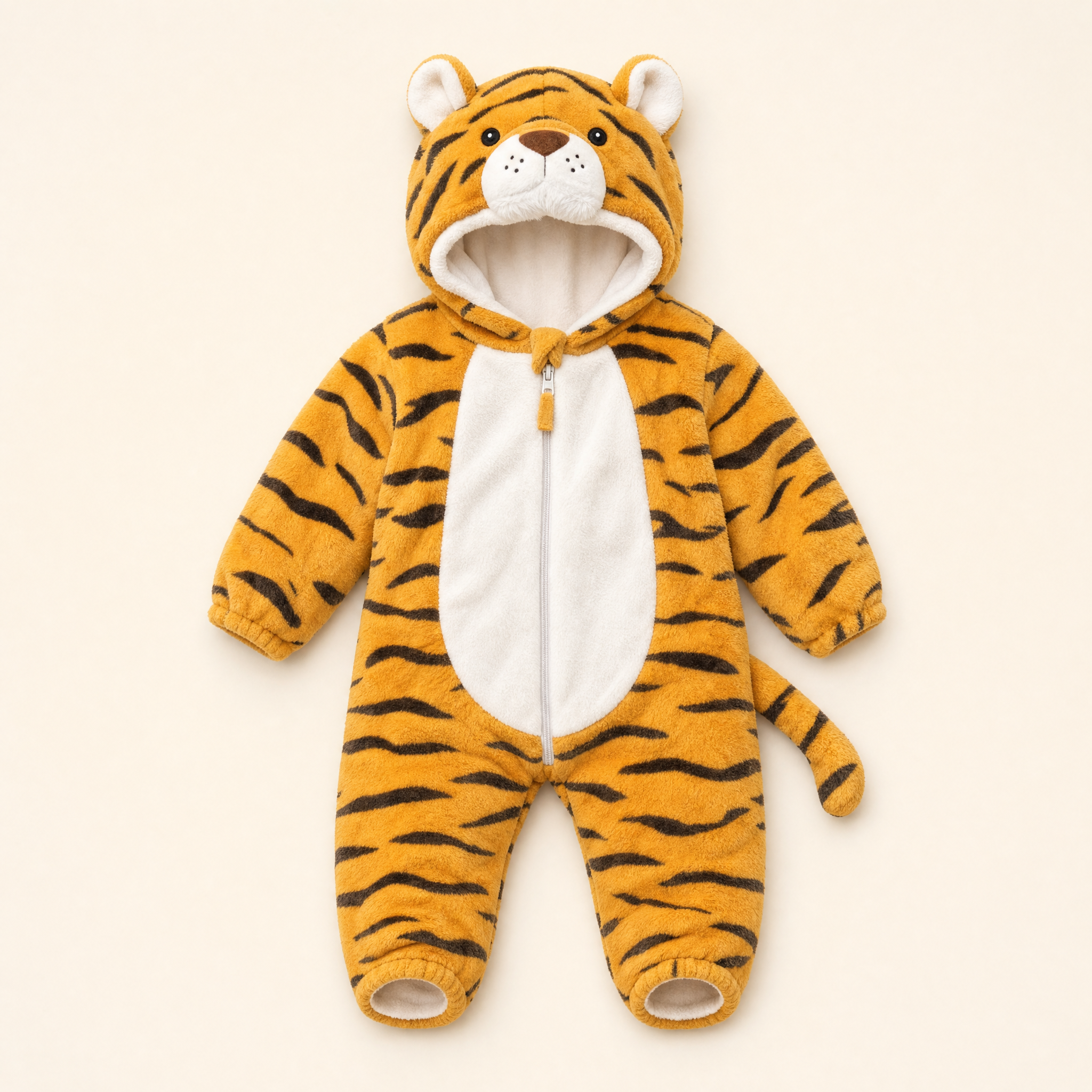 Tiger plush one-piece product shown against a plain background